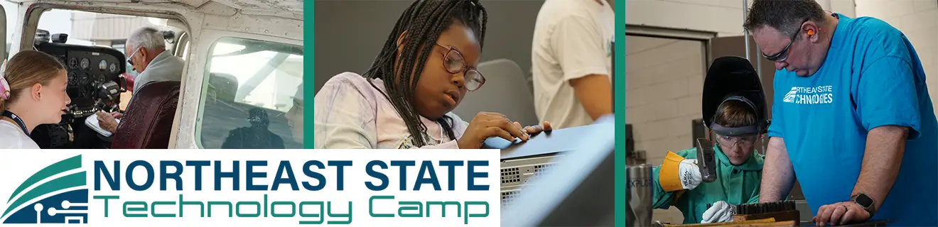 technology camp banner showing students working on a plane, computer and equipment